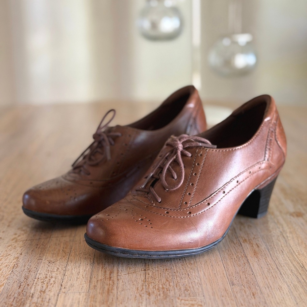 Rockport Cobb Hill Brown Leather Oxford Wingtip Block Heels 6.5W Dark Academia
